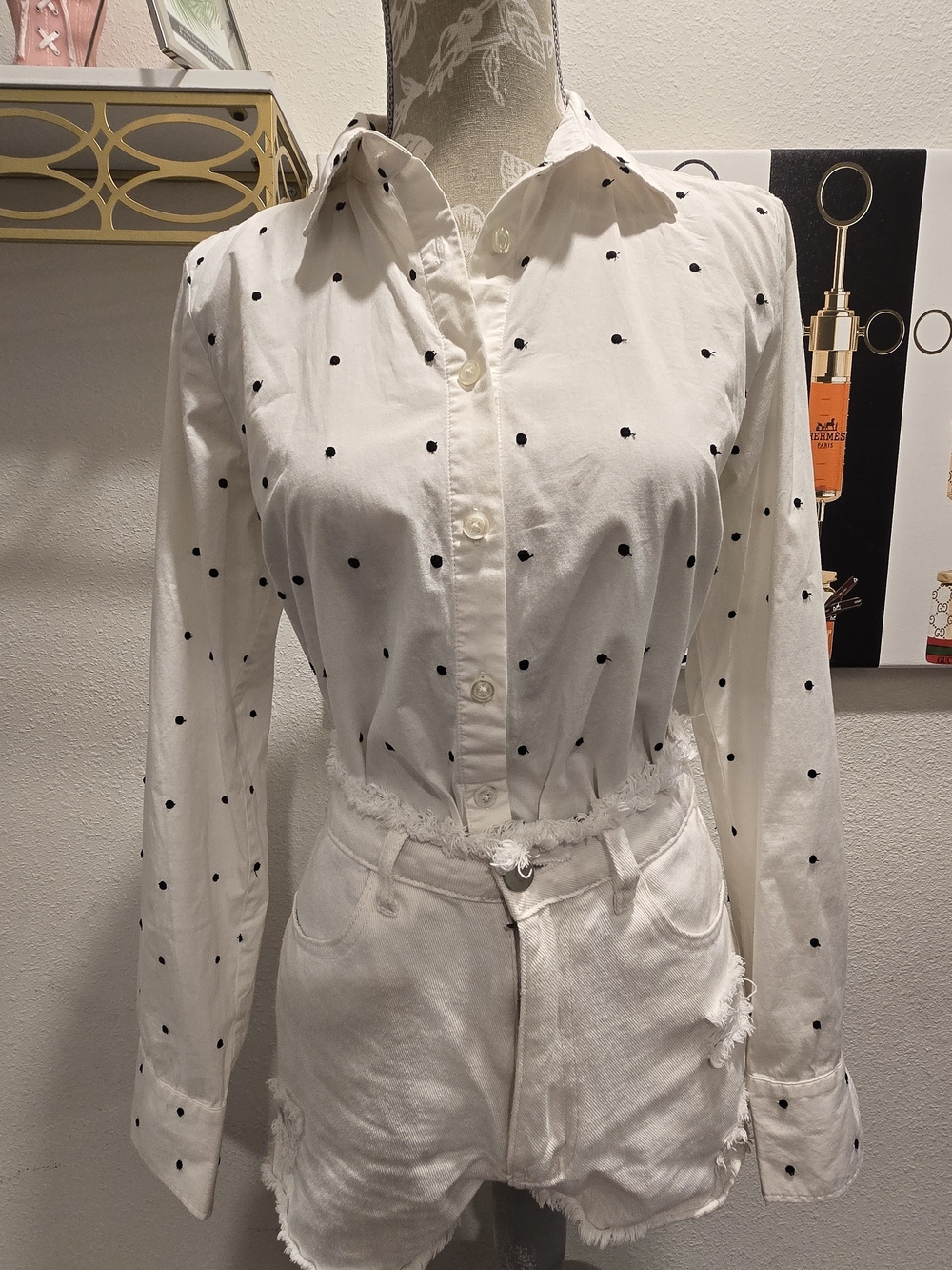 Anne Taylor White Polka Dot Button-Up Shirt - Classic Long Sleeve Top